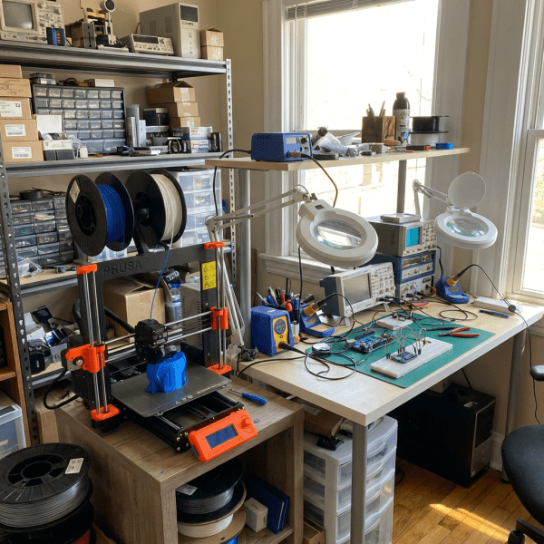 A home workshop featuring a 3D printer, soldering irons, and electronics testing equipment.