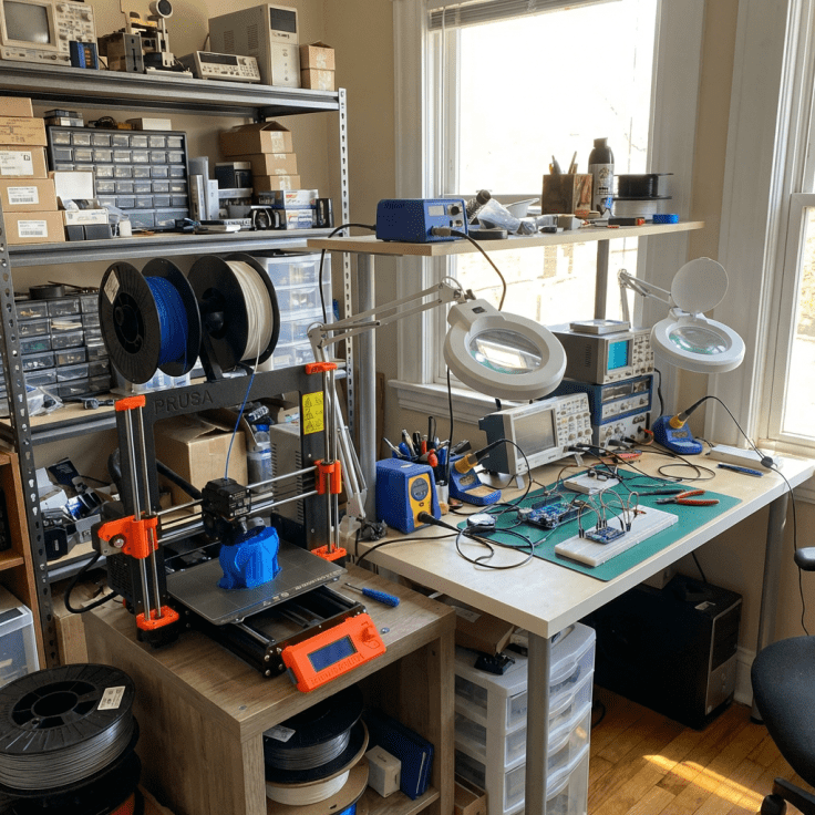 A home workshop featuring a 3D printer, soldering irons, and electronics testing equipment.